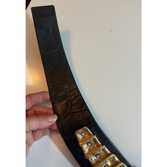 80s Nina Arjani Medium Leatherock Belt Black Blue Gold Leather - Picture 4 of 7